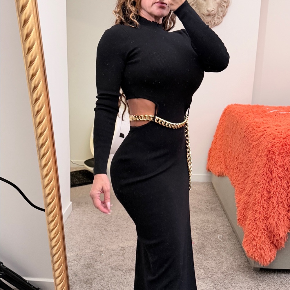 AKIRA Black Cut-Out Maxi Dress with Gold Chain Detail | Size S